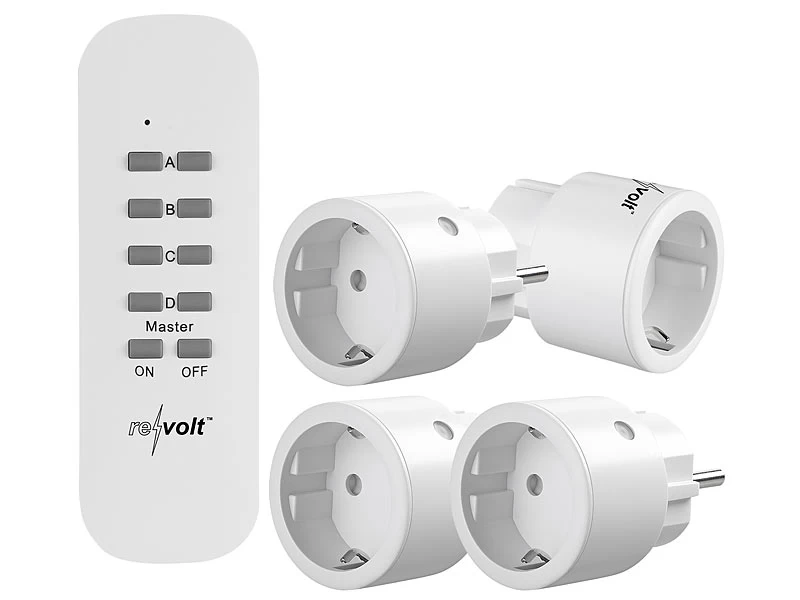 Revolt Funkstecker:4er-Set Mini-Funksteckdosen Mit Fernbedienung, Bis 2.300 Watt, 50 M
