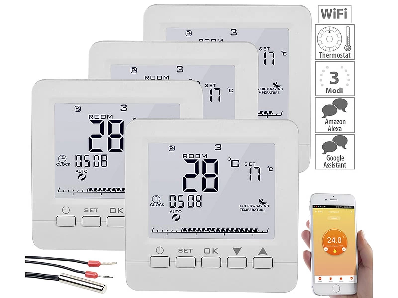 Revolt Raumthermostat:4er-Set WLAN-Thermostate Für Fußbodenheizung, Für Siri, Alexa & GA