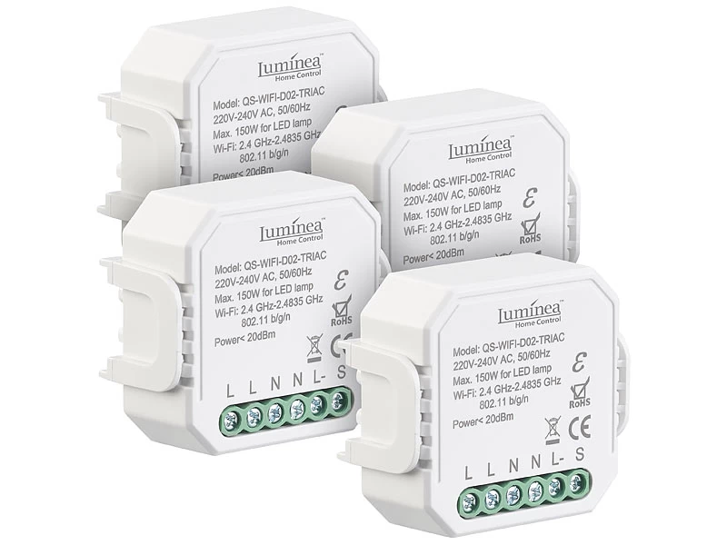 Luminea Home Control Funk Dimmer:4er-Set WLAN-Unterputz-Lichtschalter Und -Dimmer, Mit App