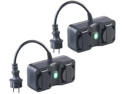 Luminea Home Control Alexa Steckdosen Aussen:2er-Set 2-fach-WLAN-Outdoor-Steckdose, App, Sprachsteuerung, 16A, IP44