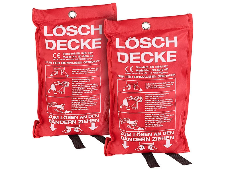 Semptec Feuerschutzdecke:2er-Set Glasfaser-Feuerlöschdecke, 100 X 100 Cm