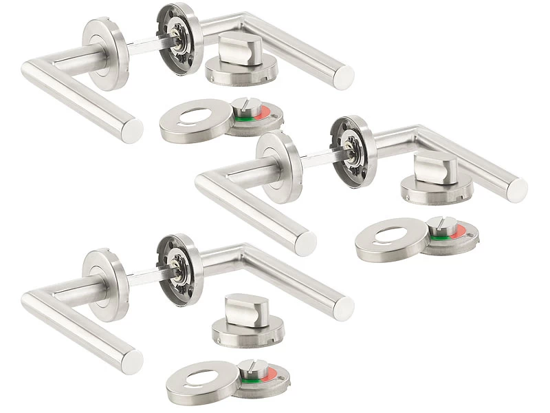 AGT Moderne Türbeschläge:3er-Set Edelstahl-Türbeschlag Für Bad & WC, 6 Klinken & Rosetten, Rund