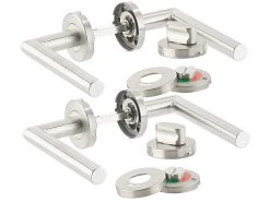 AGT Türbeschläge WCs:2er-Set Edelstahl-Türbeschlag Für Bad & WC, 4 Klinken & Rosetten, Rund