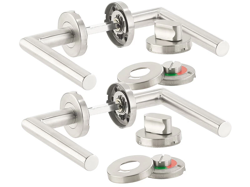 AGT Türbeschläge WCs:2er-Set Edelstahl-Türbeschlag Für Bad & WC, 4 Klinken & Rosetten, Rund