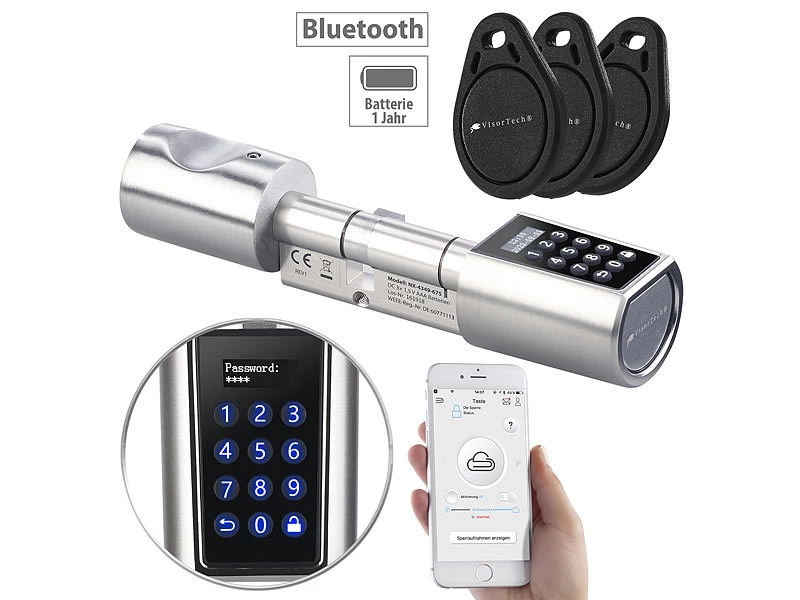 VisorTech Elektrisches Schloss:Elektronischer Tür-Schließzylinder, Transponder, Code, Bluetooth & App