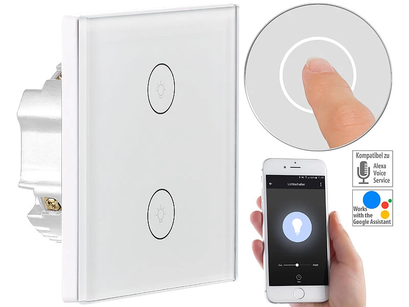 Luminea Home Control Touch Lichtschalter:2er-Set Touch-Doppel-Lichttaster, Komp. Zu Alexa & Google Assistant – Bild 9