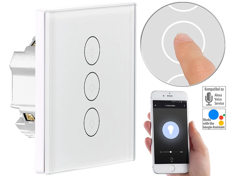 Luminea Home Control Touch Wechselschalter:Touch-Dreifach-Lichtschalter, Komp. Zu Amazon Alexa & Google Assistant