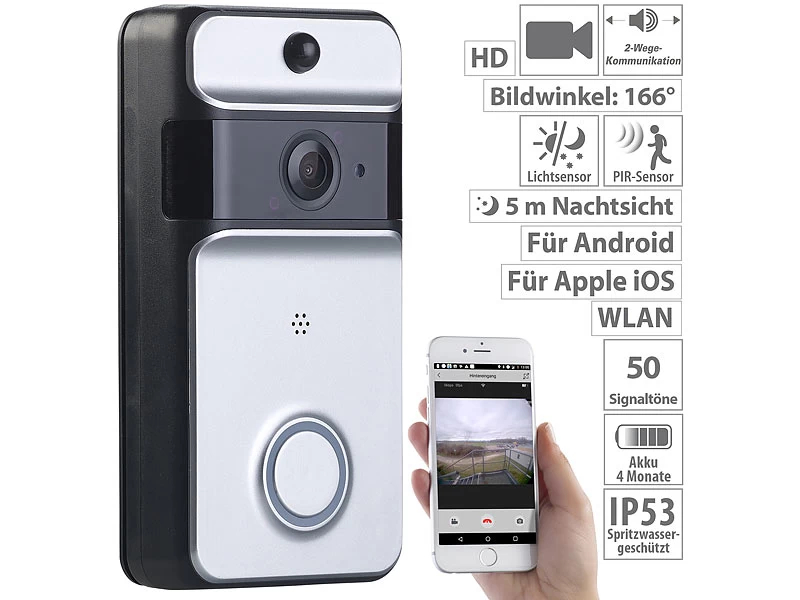 Somikon Klingel Kamera:WLAN-Video-Türklingel Mit App, PIR-Sensor (Versandrückläufer)