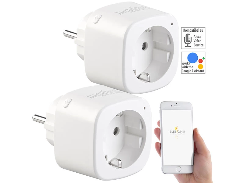 Luminea Home Control Elesion Steckdose:2er-Set WLAN-Steckdosen, Amazon Alexa & Google Assistant Komp., 16 A