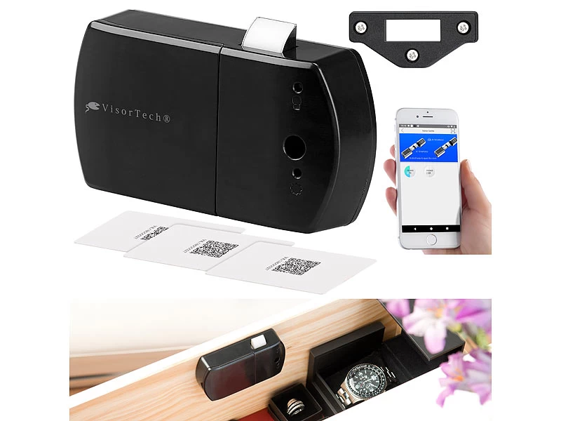 VisorTech Elektronisches Schloss:5er-Set Schubladen- & Schranktüren-Schloss Mit RFID-Schlüssel, BT, App – Bild 3