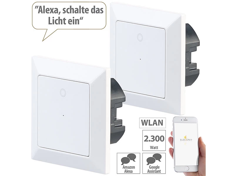 Luminea Home Control Elesion Schalter:2er-Set WLAN-Lichttaster, App, Komp. Zu Siri, Alexa & Google Assistant – Bild 2