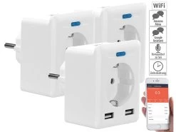 Luminea Home Control Smarte Steckdosen:3er-Set WLAN-Steckdosen, USB, App, Für Alexa, Google Assistant & Siri