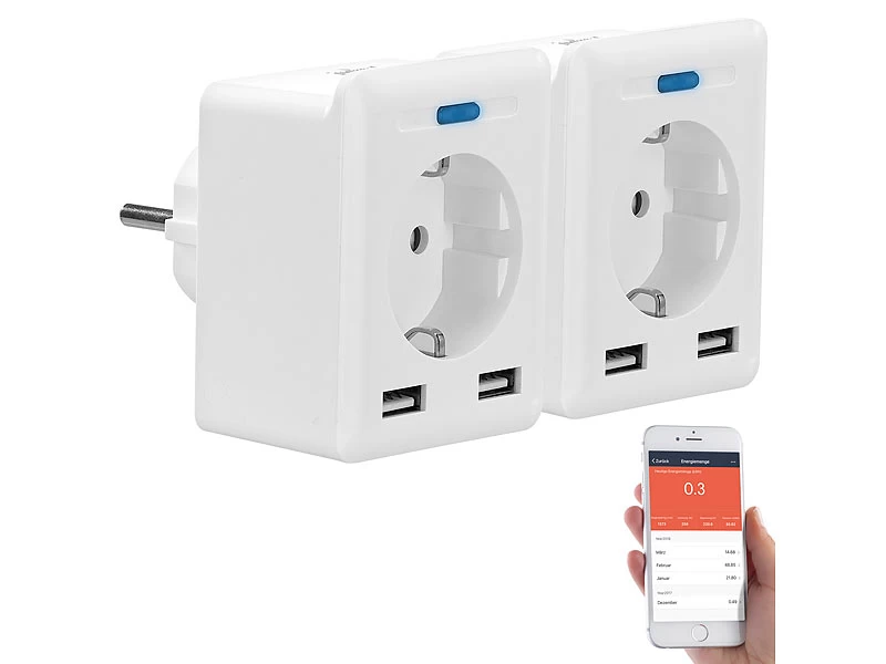 Luminea Home Control Energie Monitor:2er-Set WLAN-Steckdosen, 2 USB, App, Komp. Zu Alexa, Google, Siri – Bild 2