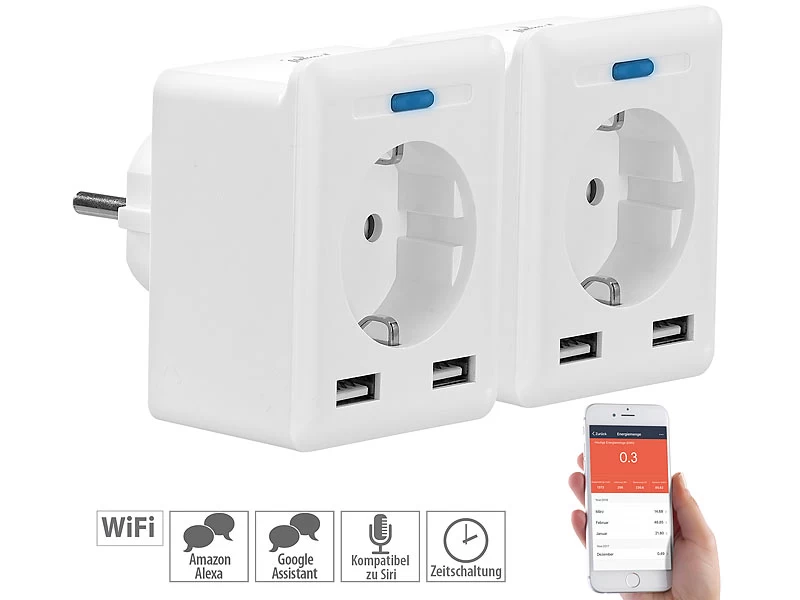 Luminea Home Control Energie Monitor:2er-Set WLAN-Steckdosen, 2 USB, App, Komp. Zu Alexa, Google, Siri