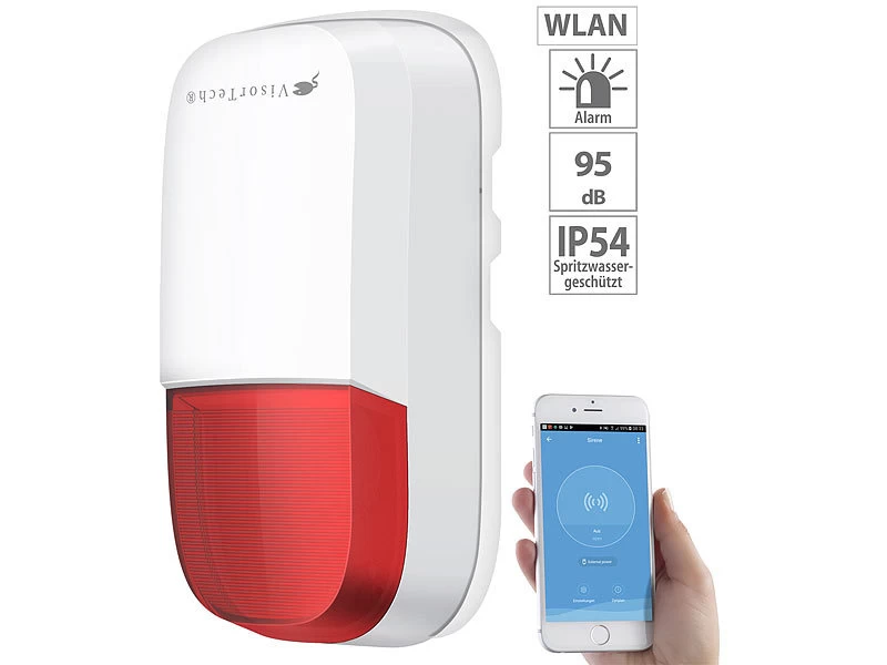 VisorTech PIR Bewegungsmelder:WLAN-Outdoor-Sirene Für ELESION,Akku, WLAN, 95 DB, PIR-Sensor, IP54