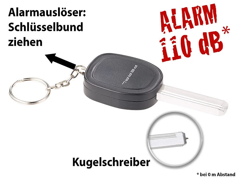 VisorTech Schlüsselalarm:2er-Set Personenalarm Im Autoschlüssel-Design, 110-dB-Sirene, Kuli – Bild 12
