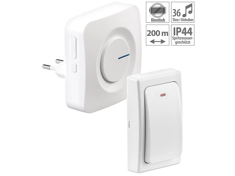 CASAcontrol Haustürklingel Ton:Batterielose Funk-Türklingel Mit Steckdosen-Empfänger, 36 Töne, IP44