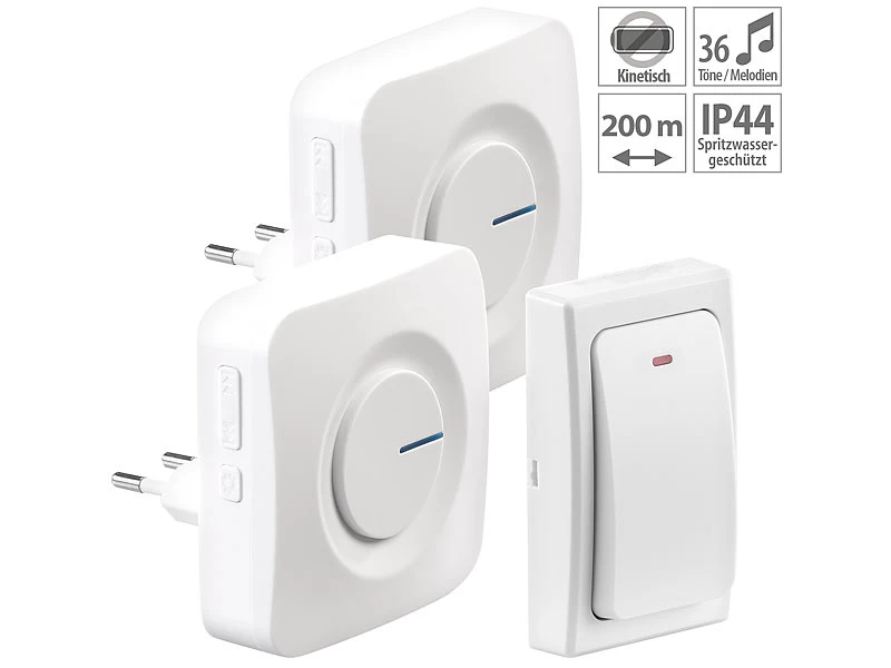 CASAcontrol Kinetische Klingel:Batterielose Funk-Türklingel, 2 Steckdosen-Empfänger, 36 Töne, IP44