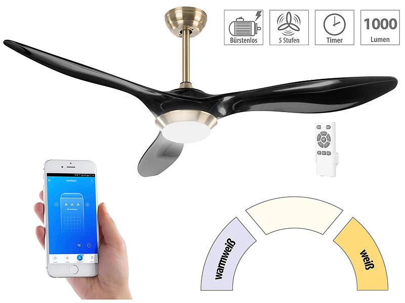 Sichler Deckenventilator WiFi:2in1-WLAN-Deckenventilator & LED-Lampe, Versandrückläufer – Bild 2
