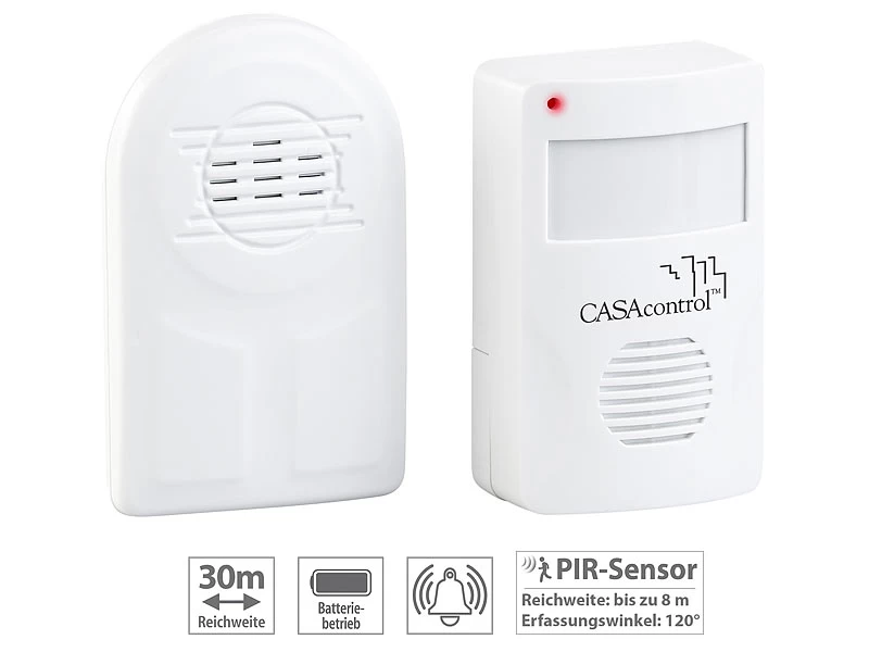 CASAcontrol Bewegungsmelder:Batterie-Funk-Durchgangsmelder, PIR-Bewegungssensor, Klingel-Funktion