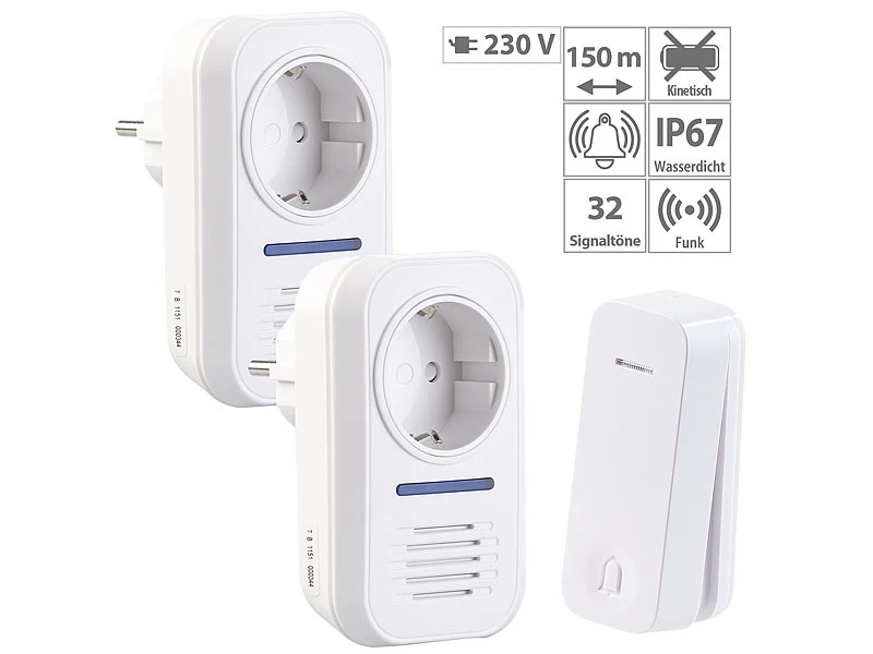 CASAcontrol Funk Türklingel:2 Steckdosen-Funkklingeln & Kinetischer Funk-Taster; 230-V-Steckdose