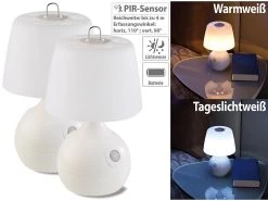 Lunartec Nachttischlampe Kabellos:2er-Set LED-Tischlampe, PIR- & Licht-Sensor, Warm- & Tageslichtweiß