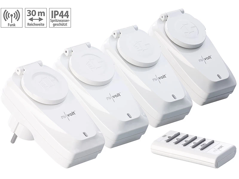 Revolt Funksteckdosen Außen:4er-Set Outdoor-Funksteckdosen Mit Fernbedienung, IP44, Bis 1.000 Watt