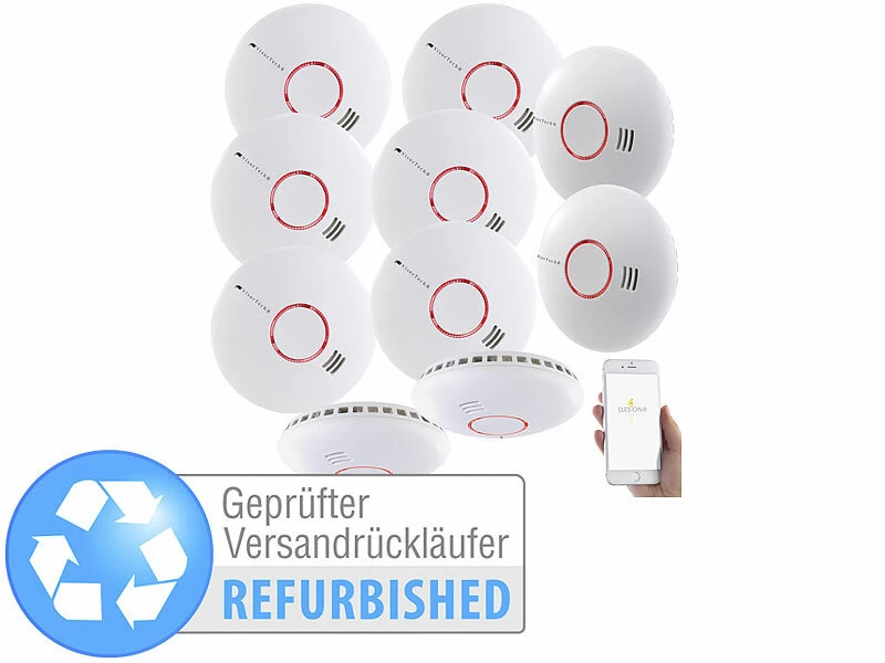 VisorTech Rauchmelder Mit Apps:10er-Set WLAN-Rauch- & Hitzemelder, Versandrückläufer