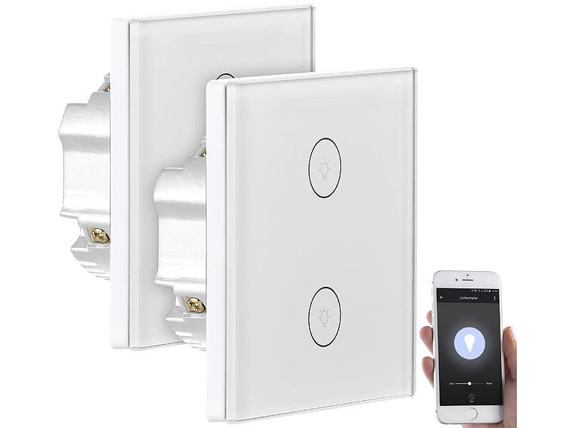 Luminea Home Control Touch Lichtschalter:2er-Set Touch-Doppel-Lichttaster, Komp. Zu Alexa & Google Assistant – Bild 2