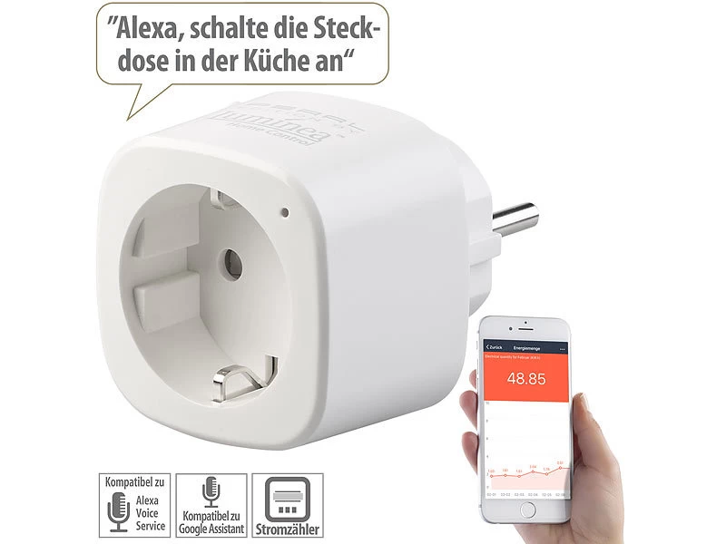 Luminea Home Control Elesion App:WLAN-Steckdose Mit Energiekostenmesser, App Und Sprachsteuerung