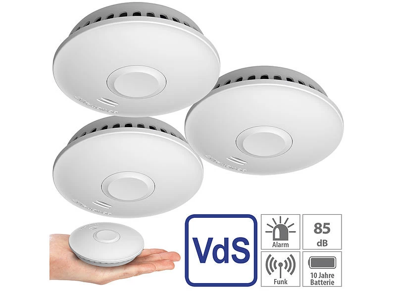 VisorTech Feuermelder Funk:3er-Set Vernetzbare Funk-Rauchmelder, 85 DB, VdS, 10-J.-Batterie