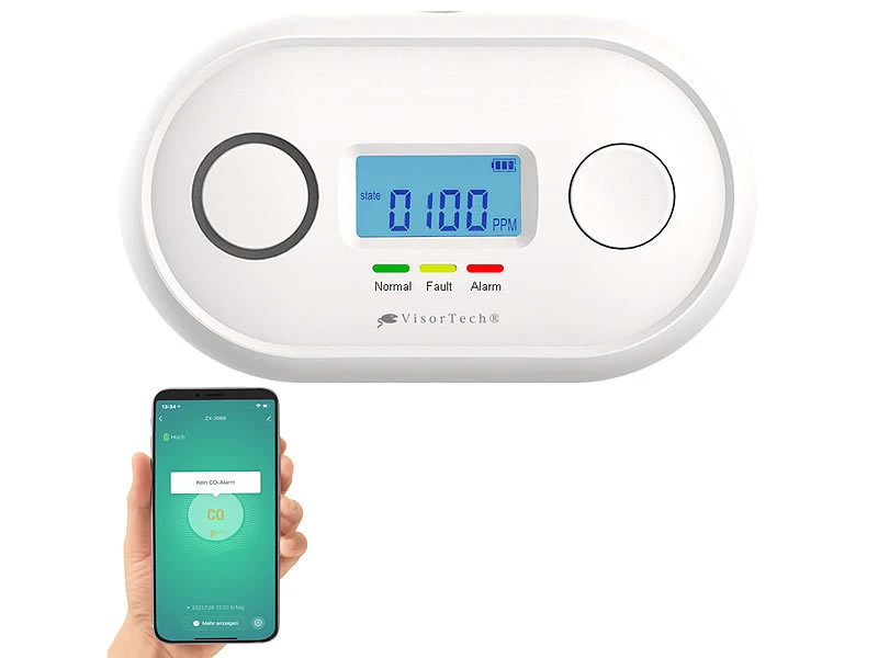 VisorTech Kohlenmonoxid Warner:WLAN-Kohlenmonoxid-Melder, LCD-Display, App, 85dB, Gem. DIN EN 50291-1 – Bild 3