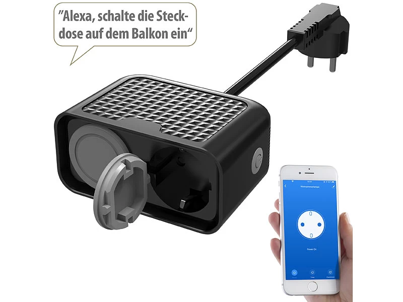 Luminea Home Control Aussensteckdose:Outdoor-WLAN-2-fach-Steckdose Komp. Zu Amazon Alexa & Google Assistant – Bild 2