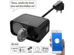 Luminea Home Control Aussensteckdose:Outdoor-WLAN-2-fach-Steckdose Komp. Zu Amazon Alexa & Google Assistant