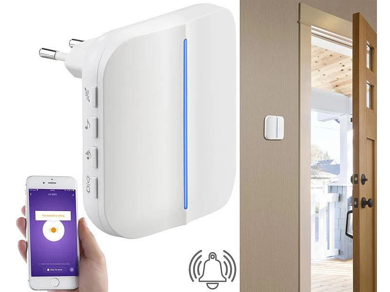 Somikon Klingel:WLAN-Steckdosen-Empfänger & Kinetischer Klingelknopf, App, 100m, 80dB – Bild 3