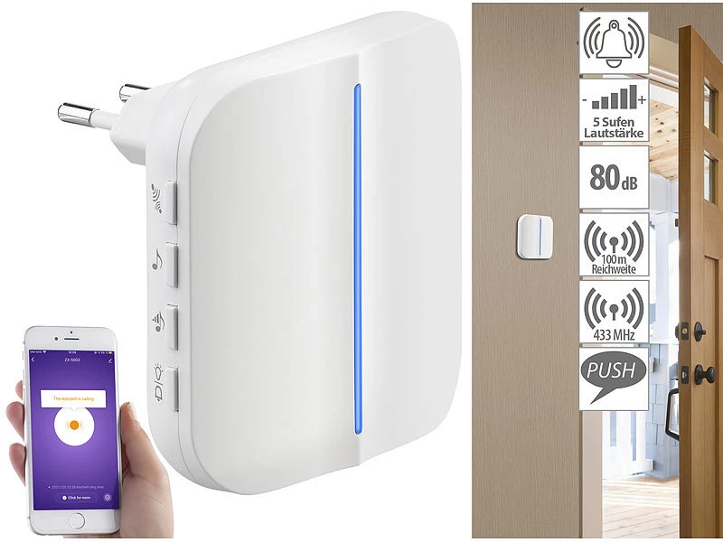 Somikon Klingel:WLAN-Steckdosen-Empfänger & Kinetischer Klingelknopf, App, 100m, 80dB – Bild 5