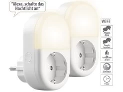 Luminea Home Control LED-Nachtlicht-Plug-in:2er-Set WLAN-Steckdose Mit LED-Nachtlicht, App & Sprachsteuerung, 16 A