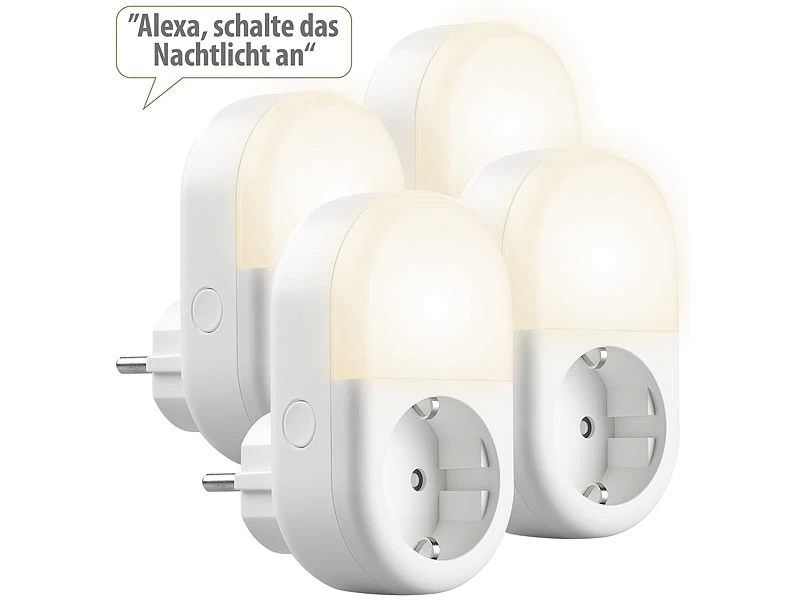 Luminea Home Control LED-Nachtlicht-Plug-ins:4er-Set WLAN-Steckdose Mit LED-Nachtlicht, App & Sprachsteuerung, 16 A – Bild 2
