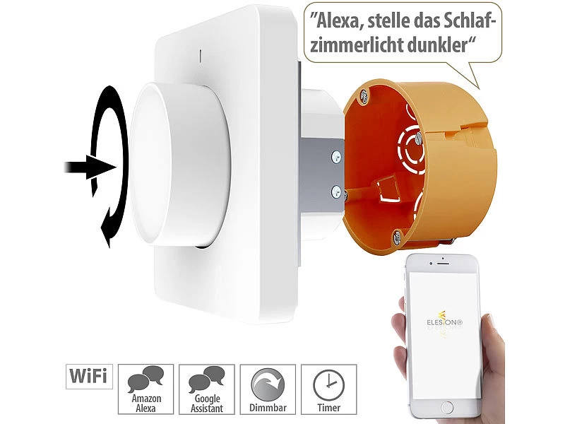 Luminea Home Control Alexa Dimmer-Schalter:4er WLAN-Lichtschalter & Dimmer Mit Dreh-/Drück-Funktion Und App – Bild 13