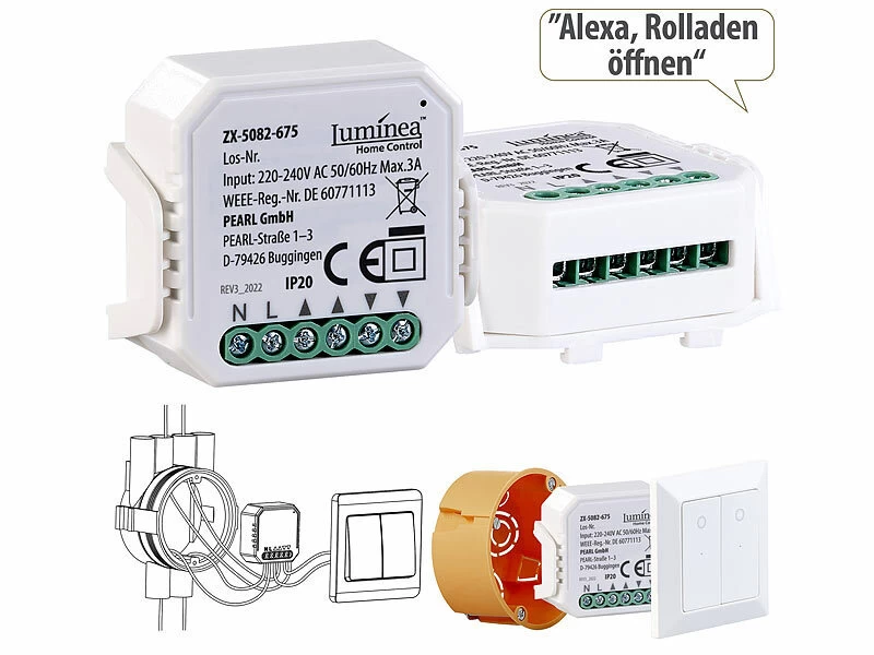 Luminea Home Control Rolladensteuerung:10er-Set WLAN-Unterputzmodule Für Smarte Rollladen, App & Sprachbefehl – Bild 3
