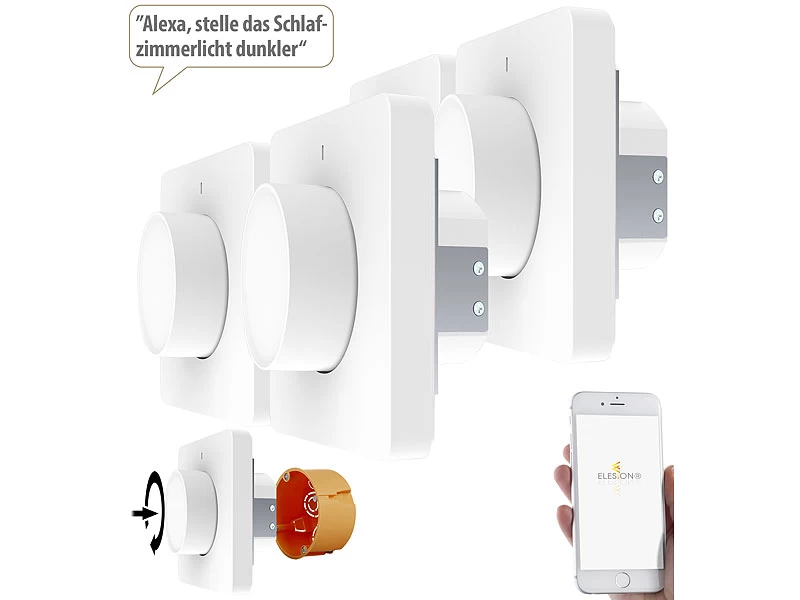 Luminea Home Control Alexa Dimmer-Schalter:4er WLAN-Lichtschalter & Dimmer Mit Dreh-/Drück-Funktion Und App – Bild 2