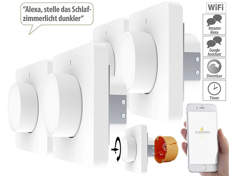 Luminea Home Control Alexa Dimmer-Schalter:4er WLAN-Lichtschalter & Dimmer Mit Dreh-/Drück-Funktion Und App
