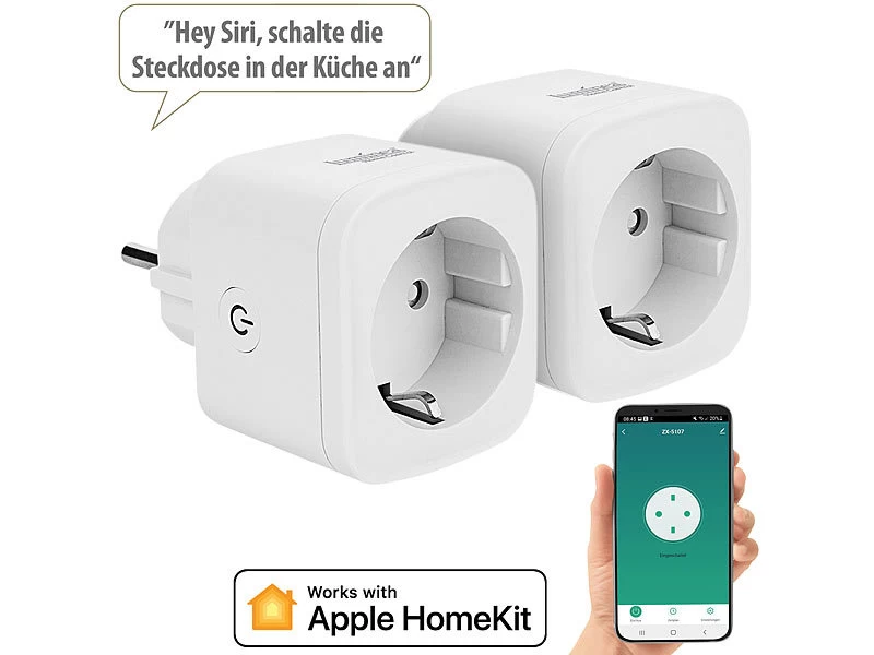 Luminea Home Control Smarte Steckdose:2er-Set WLAN-Steckdosen, Apple-HomeKit-zertifiziert, Sprachsteuerung – Bild 2