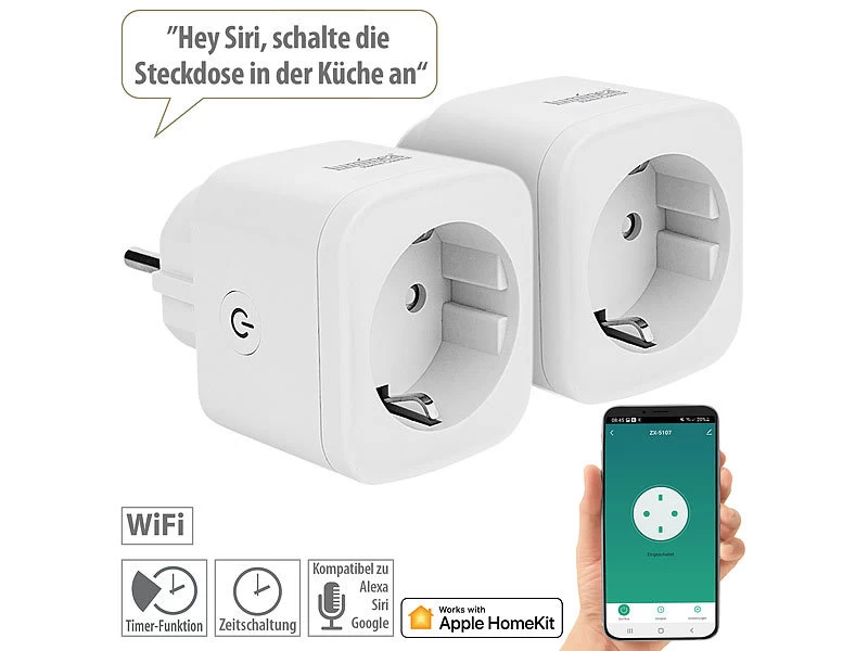 Luminea Home Control Smarte Steckdose:2er-Set WLAN-Steckdosen, Apple-HomeKit-zertifiziert, Sprachsteuerung
