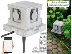 Royal Gardineer Steckdosenstein:4-fach-WLAN-Garten-Steckdose, App, Sprachbefehl, 16 A, 3.680 W, IP44