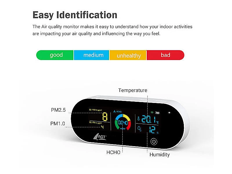 AGT Luftmesser:5in1-Akku-Luftqualitätsmesser, HCHO, PM1/2,5, Temperatur U.v.m., App – Bild 4