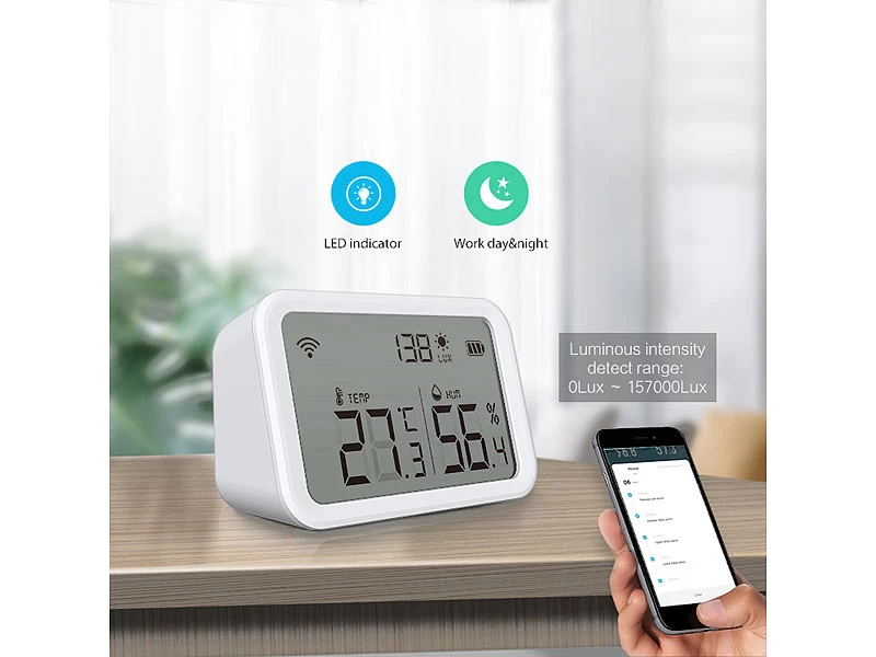 Luminea Home Control WLAN Temperatursensor:3in1-WLAN-Sensor Für Temperatur, Luftfeuchtigkeit Und Helligkeit, App – Bild 3