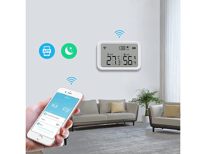 Luminea Home Control WLAN Temperatursensor:3in1-WLAN-Sensor Für Temperatur, Luftfeuchtigkeit Und Helligkeit, App – Bild 4