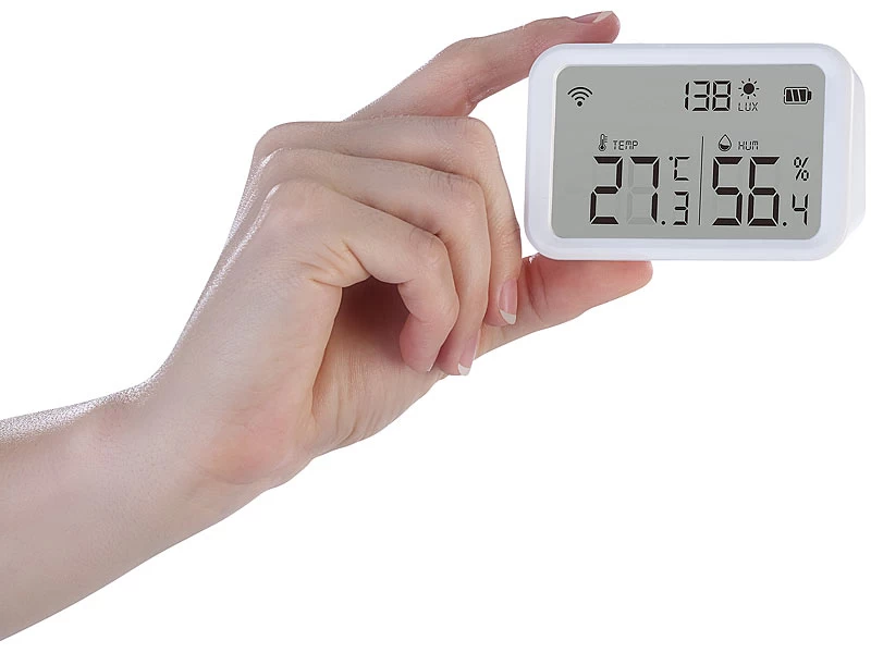 Luminea Home Control WLAN Temperatursensor:3in1-WLAN-Sensor Für Temperatur, Luftfeuchtigkeit Und Helligkeit, App – Bild 13