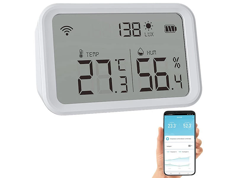 Luminea Home Control WLAN Temperatursensor:3in1-WLAN-Sensor FĂĽr Temperatur, Luftfeuchtigkeit Und Helligkeit, App